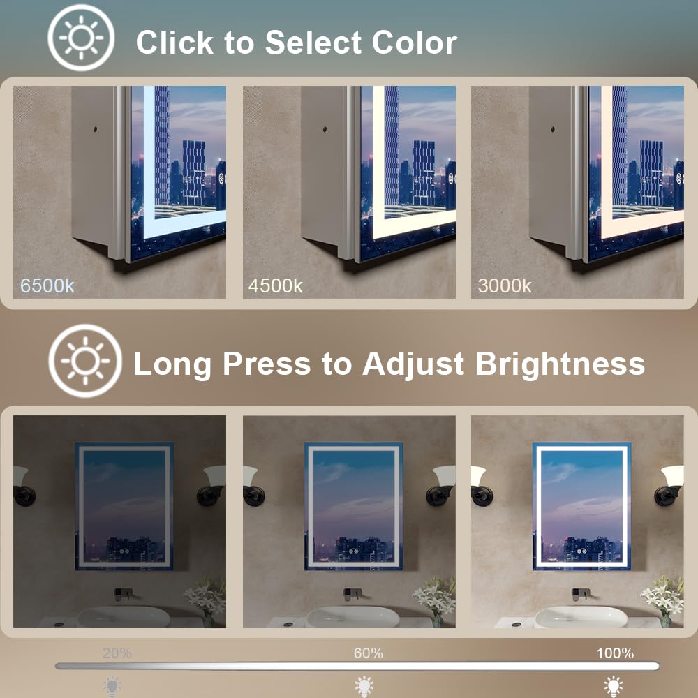 Bathroom Medicine Cabinet with Lights, 20"x26" LED Medicine Cabinet with Dual-Sided Mirror, Socket/USB, Adjustable Shelves & Organizer Box, Anti-Fog & 3-Color Dimmable LED with Memory, Full Aluminum