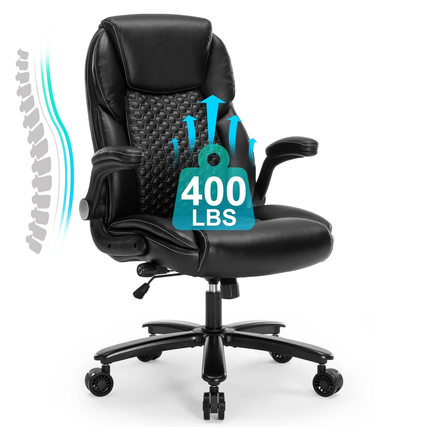 ZLHECTO® Big and Tall Executive Office Chair, PU Leather Swivel Desk Chair with Flip-up Arms, Adjustable Lumbar Support, Space-Saving Height Adjustable Rolling Computer Chair for Home & Office Use