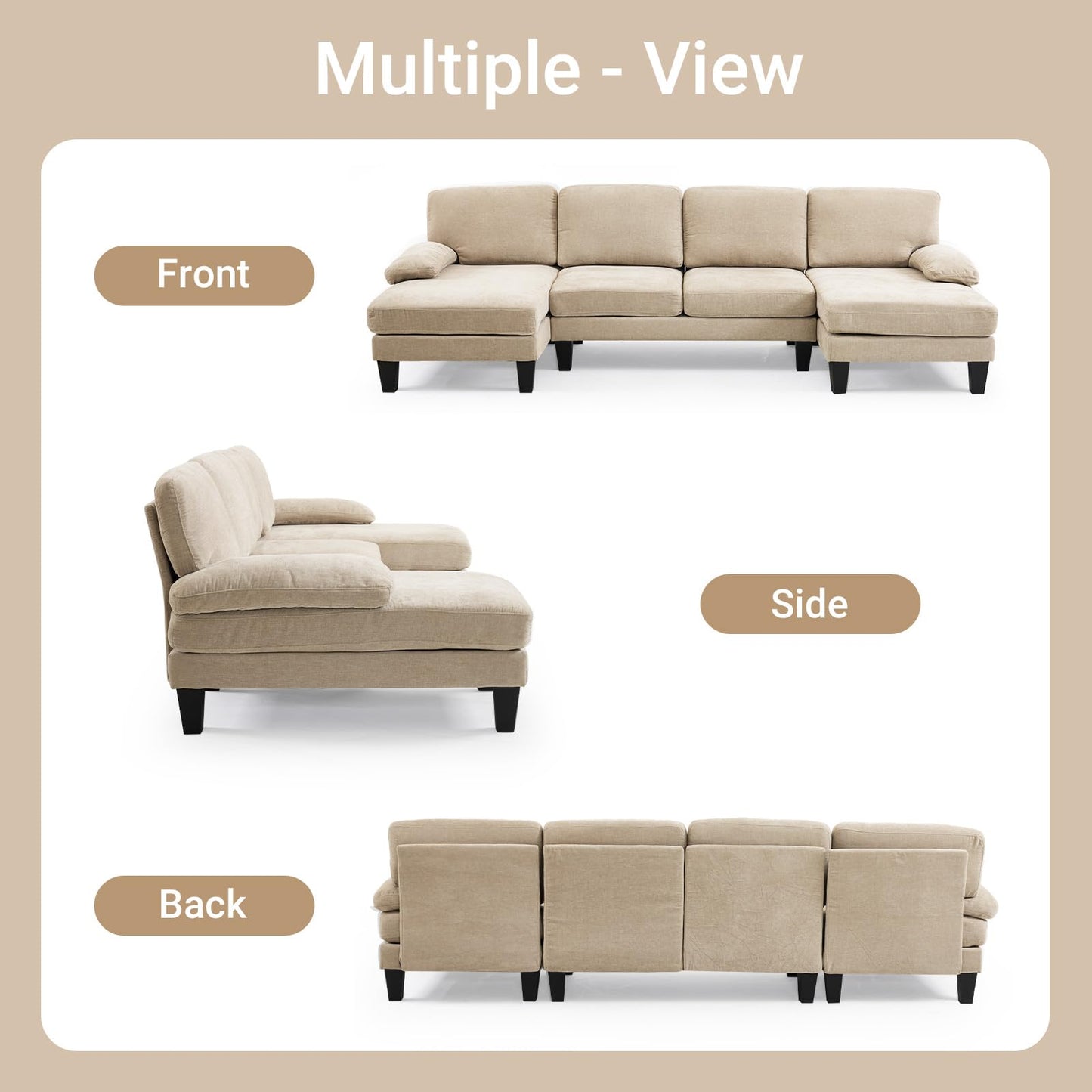VINGLI 110" Sectional Couches for Living Room,U Shaped Couch with Double Chaise, 4-Seat Sofa Set with Chenille Fabric for Home Furniture,Light Khaki