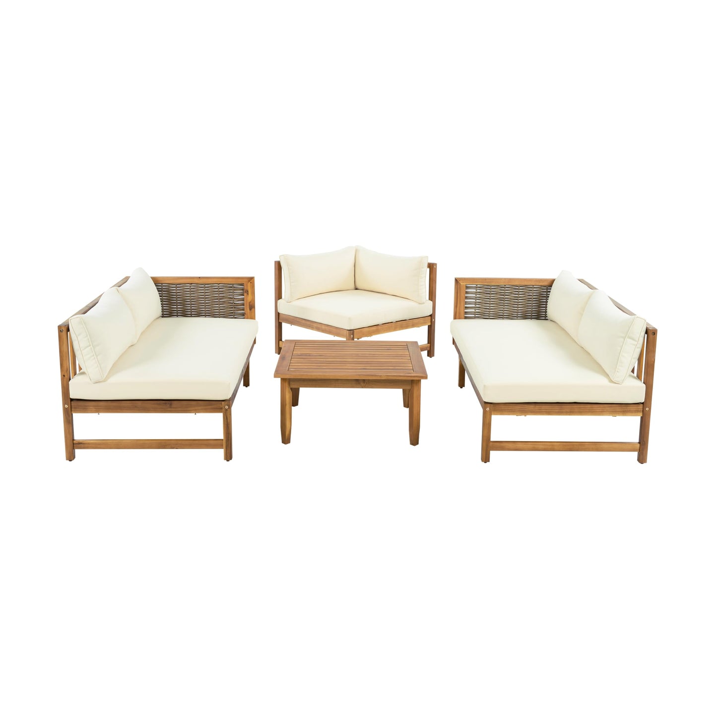 Christopher Knight Home Tenntt 5-Seater Acacia Wood Patio Furniture Set, Outdoor Conversation Sofa Chat Set with Coffee Table, Wicker Arm, Sectional Seating Group for Backyard Balcony, Teak+Beige