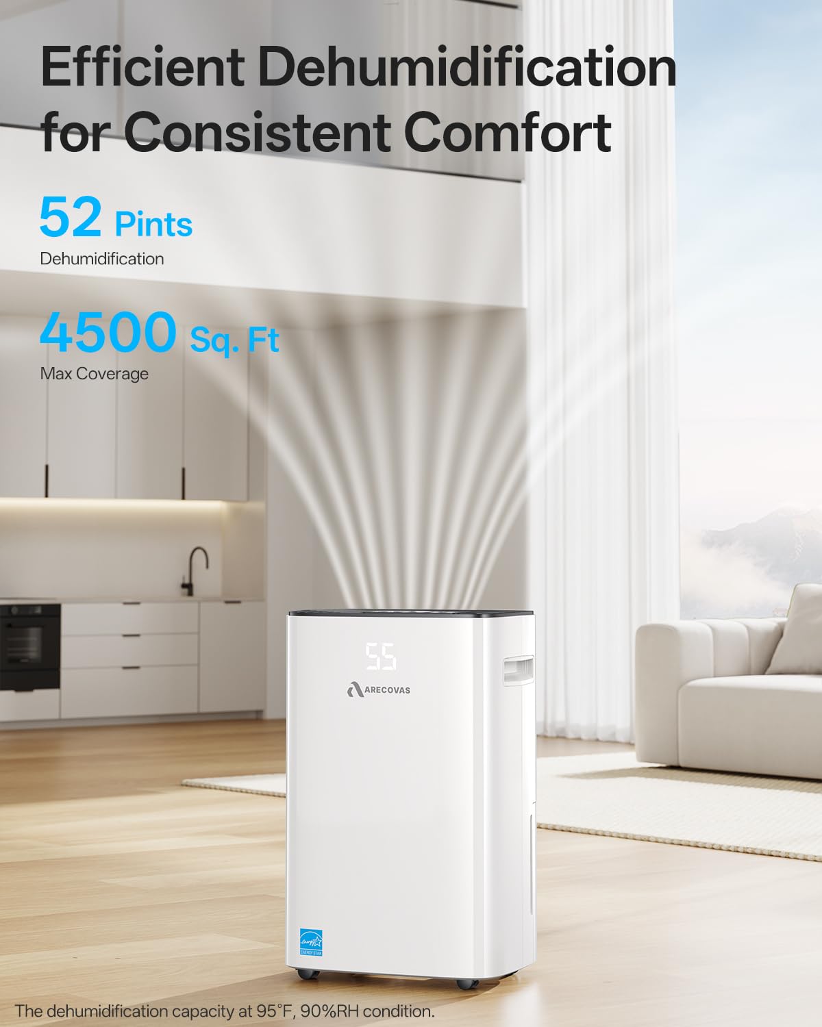 52 Pints Dehumidifier for Basement Bedroom Bathroom Large Room Home, 4500 Sq.Ft Dehumidifiers with Drain Hose, 2025 Energy Star Certificate, Humidity Control, 24H-Timer, Auto Defrost (52, Pints)