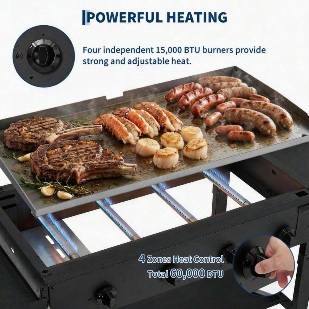 36-Inch Flat Top Gas Griddle, 4-Burner Propane Grill Station (60,000 BTU) with Foldable Shelves & Wheels, Heavy Duty Cast Iron Outdoor Flattop Grill for Backyard BBQ, RV Camping & Pan-Frying