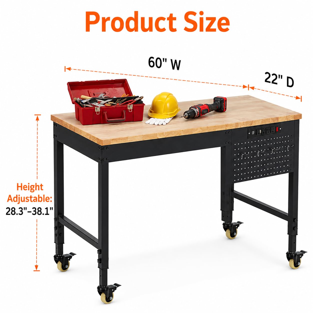 60"x22"x1.2" Heavy Duty Adjustable Workbench with Rubber Wood Top, 9 ft Power Strip, 2000 LBS Load Capacity, Lockable Wheels, ETL Certified, Black Garage & Office Table