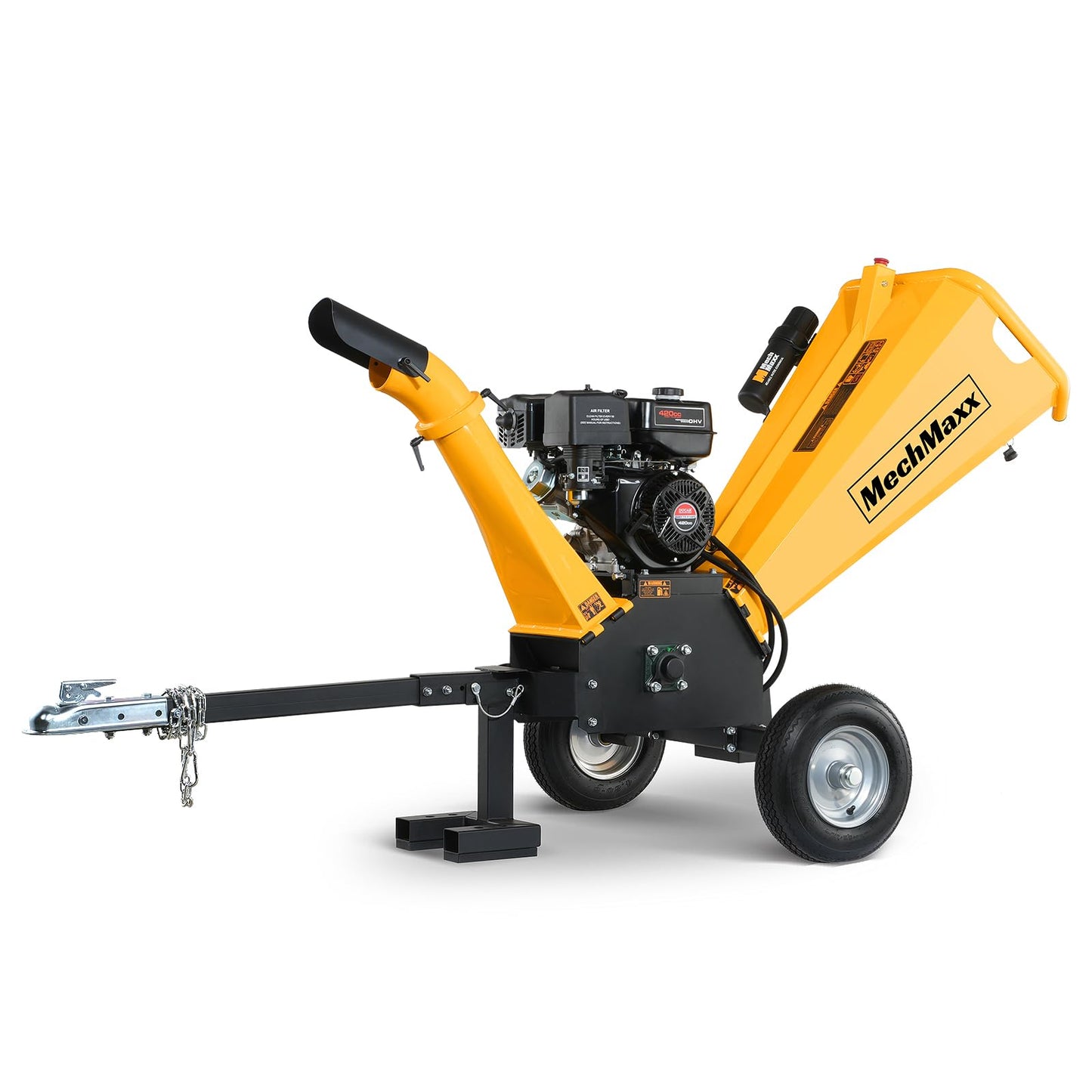 MechMaxx 5'' inch DUCAR 420cc 15hp E-Start Gas Powered Wood Chipper Shredder Mulcher with Towbar/Emergency Stop Button,Model GS1500 Yellow