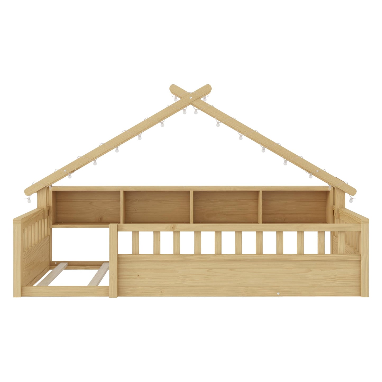 KEIKI Twin House Shaped Floor Bed with Storage, Kids Montessori Platform Bed Frame with Light & Tall Rails, Solid Beds Frames for Boys Girls Bedroom, No Box Spring Needed, Easy Assembly, Natural