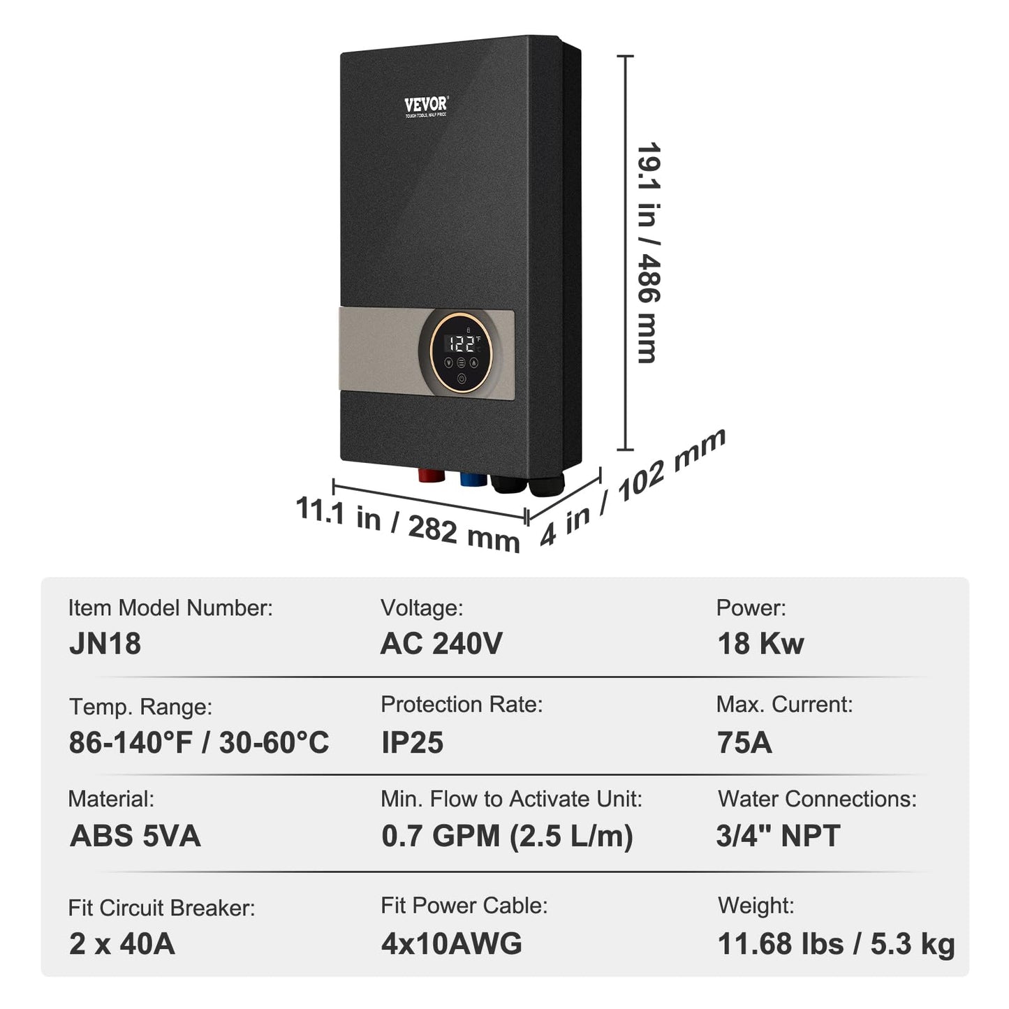VEVOR Tankless Water Heater Electric, 18KW 240V Black Instant Water Heater, LCD Touch Screen, Digital Temperature Display, Child Security Lock, On Demand for Bathroom, Kitchen, Shower, Mall, Salon