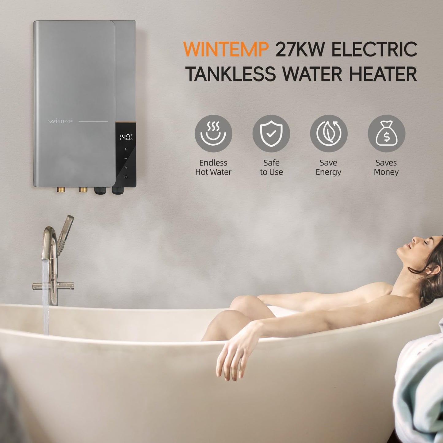 27kW 240V Tankless Water Heater Electric, Whole House, 6.3 GPM