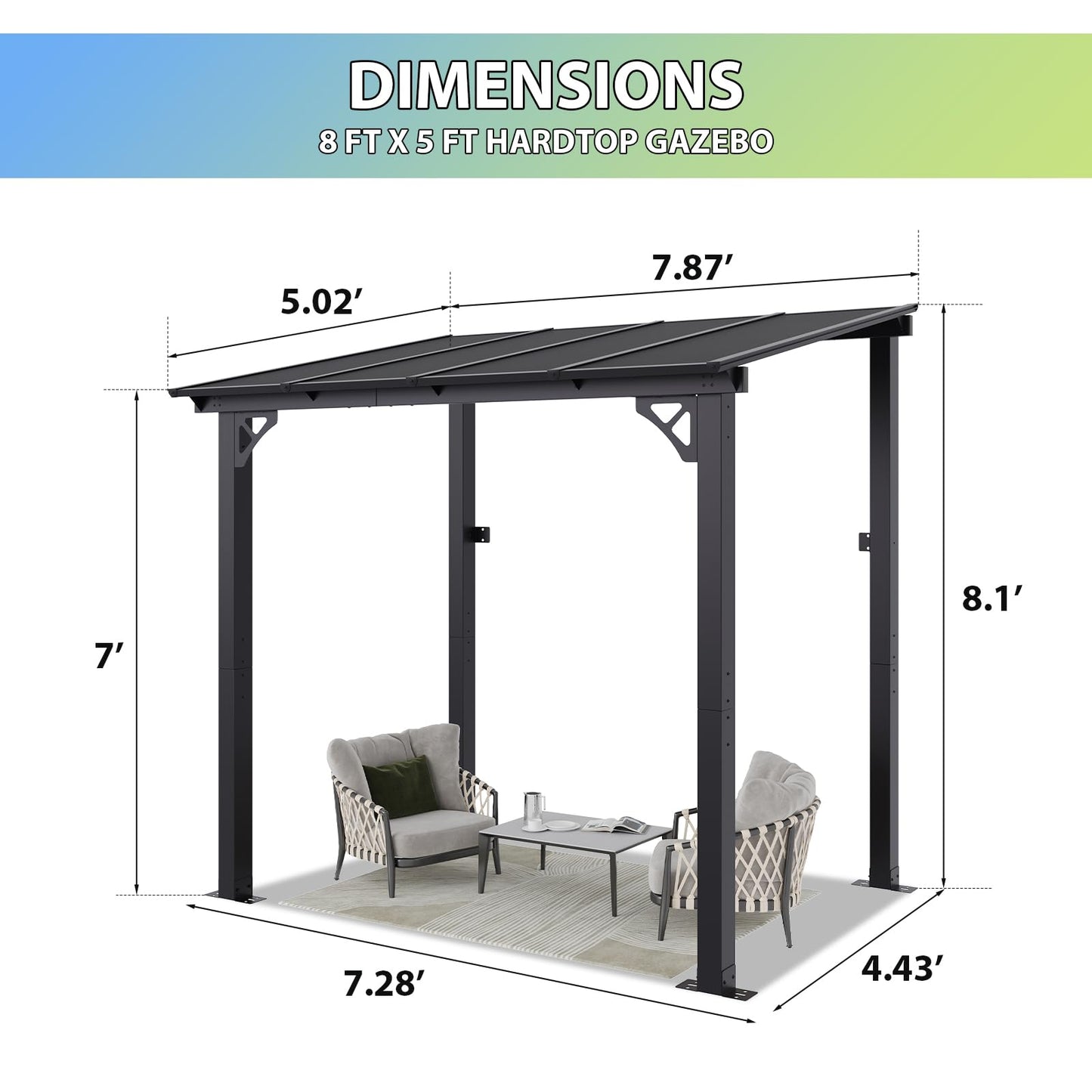 Aoxun 8’x 5’ Premium Gazebo with Aluminum Top Frame & Polycarbonate Panel, Wall Mounted Gazebos Pergola, Outdoor Patio Lean to Gazebo, Awnings with Sloped Roof, for Backyard, Porch, Deck
