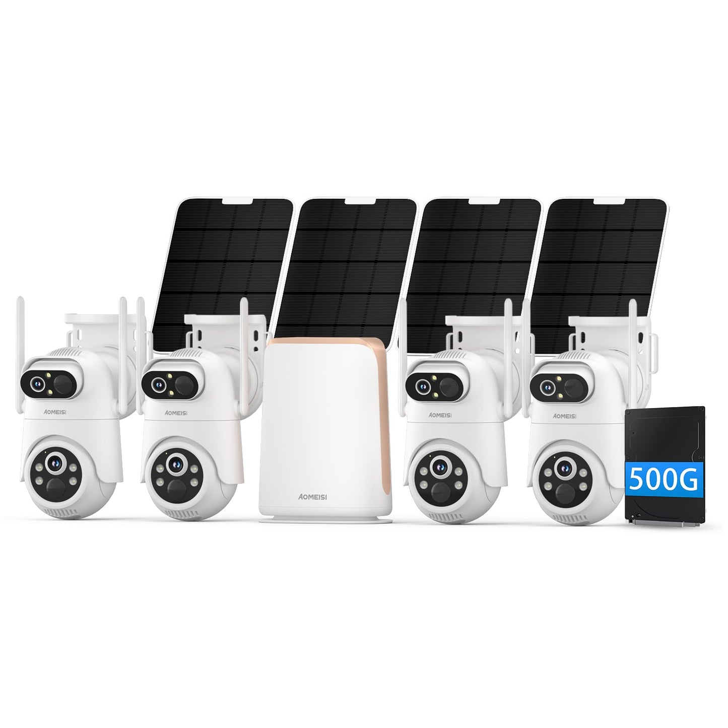 Eseecloud 4-Cam Kit, Dual Lens Solar Security Camera Wireless Outdoor System,10CH NVR with 500GB HDD, Color Night Vision, 5GHz Wi-Fi, Two Way Audio, Easy to Setup, Strobe Siren, 180 Days Care Plan