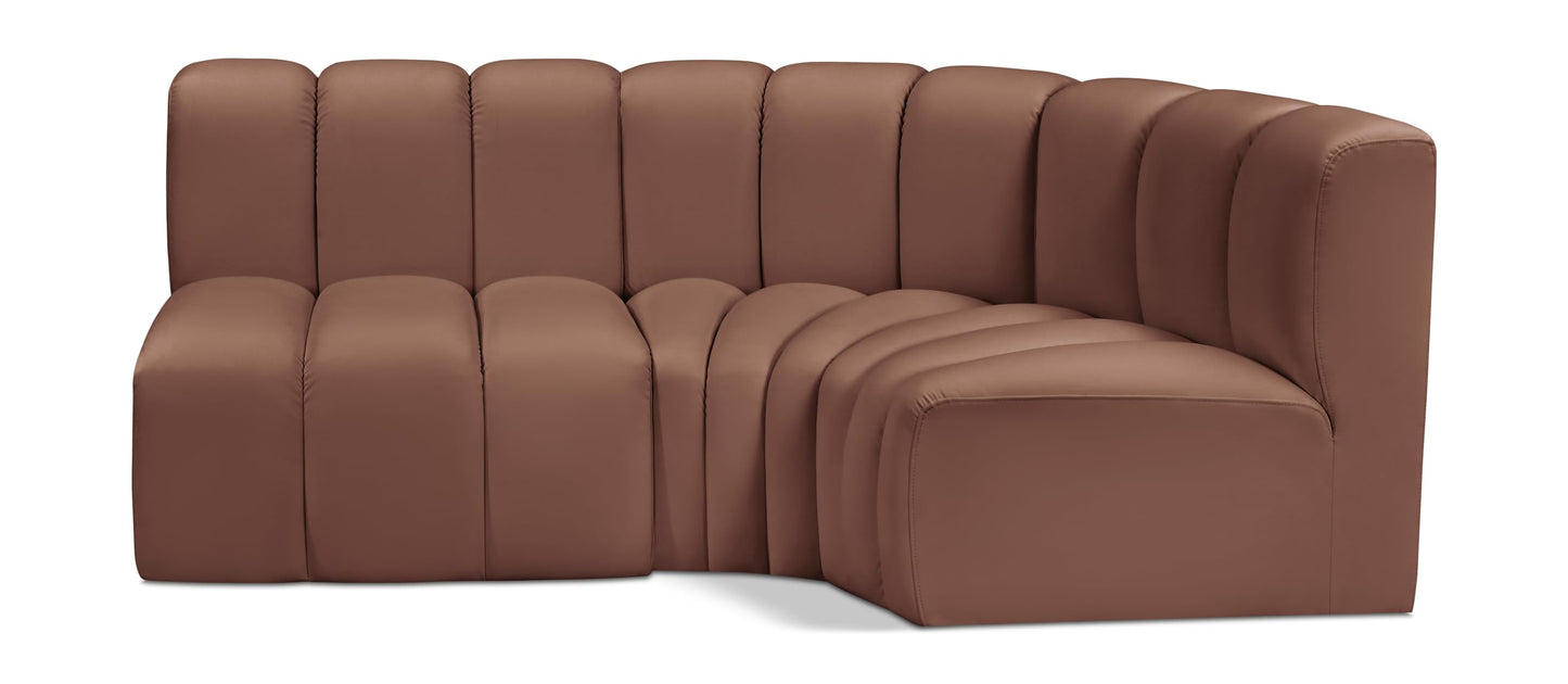 Meridian Furniture 101Cognac-S3A Arc Collection Modern | Contemporary Modular Sofa with Soft Cognac Vegan Leather, Deep Channel Tufting, Modular Design, 84" W x 39" D x 30" H, Cognac