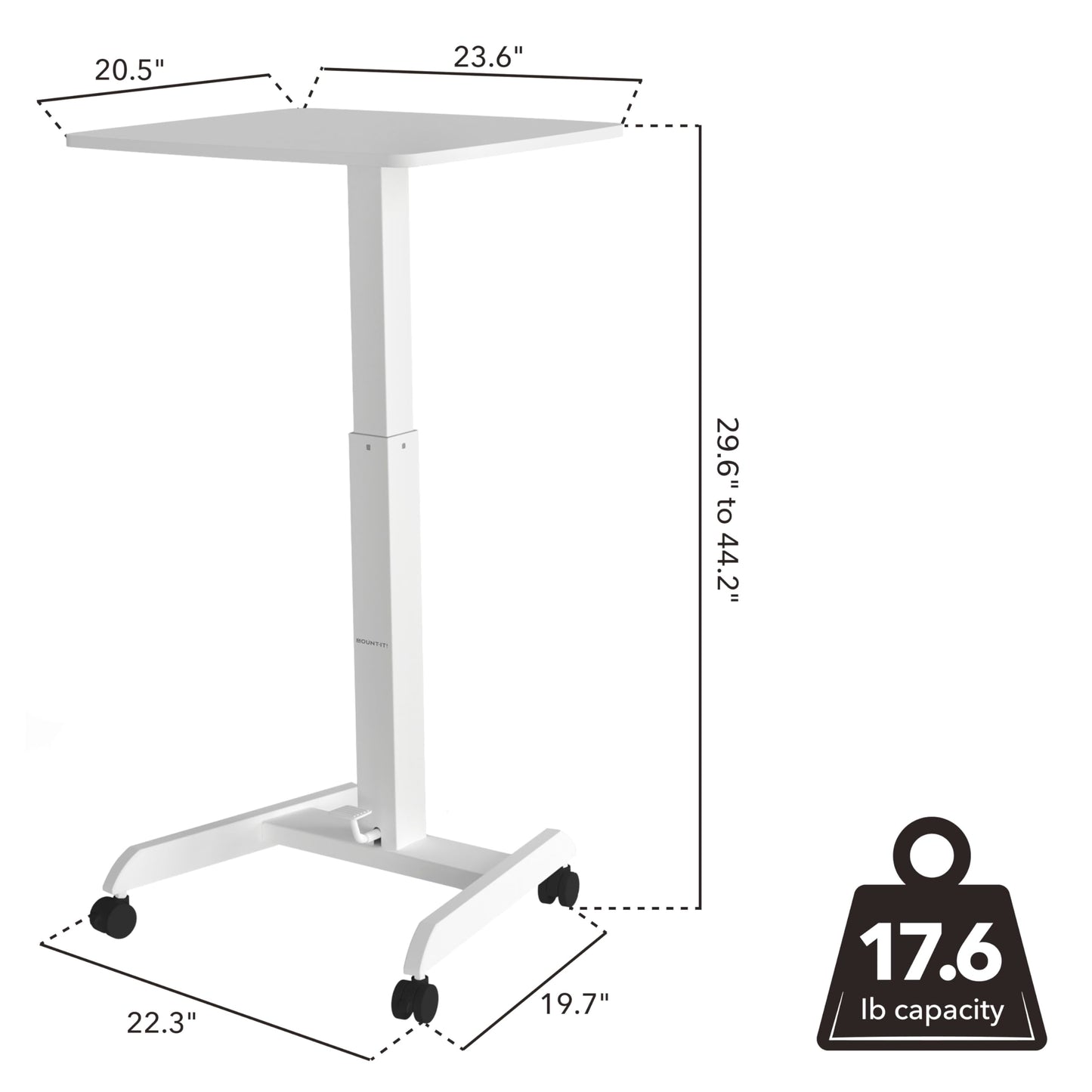 Mount-It! Adjustable Rolling Laptop Desk, Mobile Standing Desk with Wheels, Small Sit-Stand Computer Cart for Home, Office, or Classroom, 29.6–44.2" Height, 23.6"x20.5" Desktop, White