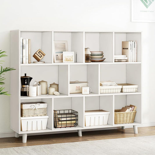 IOTXY Open Cube Low Bookcase - 3-Tier Freestanding Storage Display Cabinet Organizer with Legs for Home Office, 11-Cubes Open Shelf Short Bookshelf, White