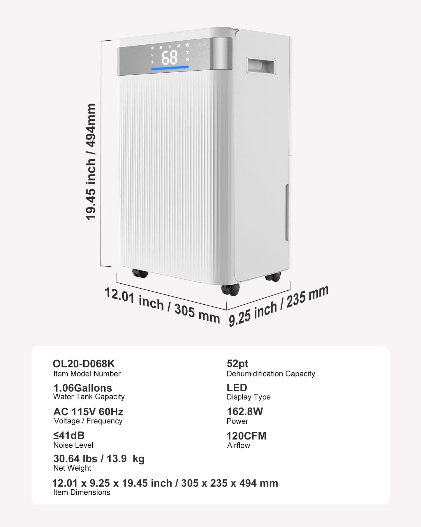 VEVOR 52 Pints Dehumidifier for Home & Basement, 4000 Sq.Ft Large Coverage, Drain Hose for Commercial & Industrial Use, Smart Humidity Control, Low Noise for Warehouses, Bathroom, Bedrooms & Storage