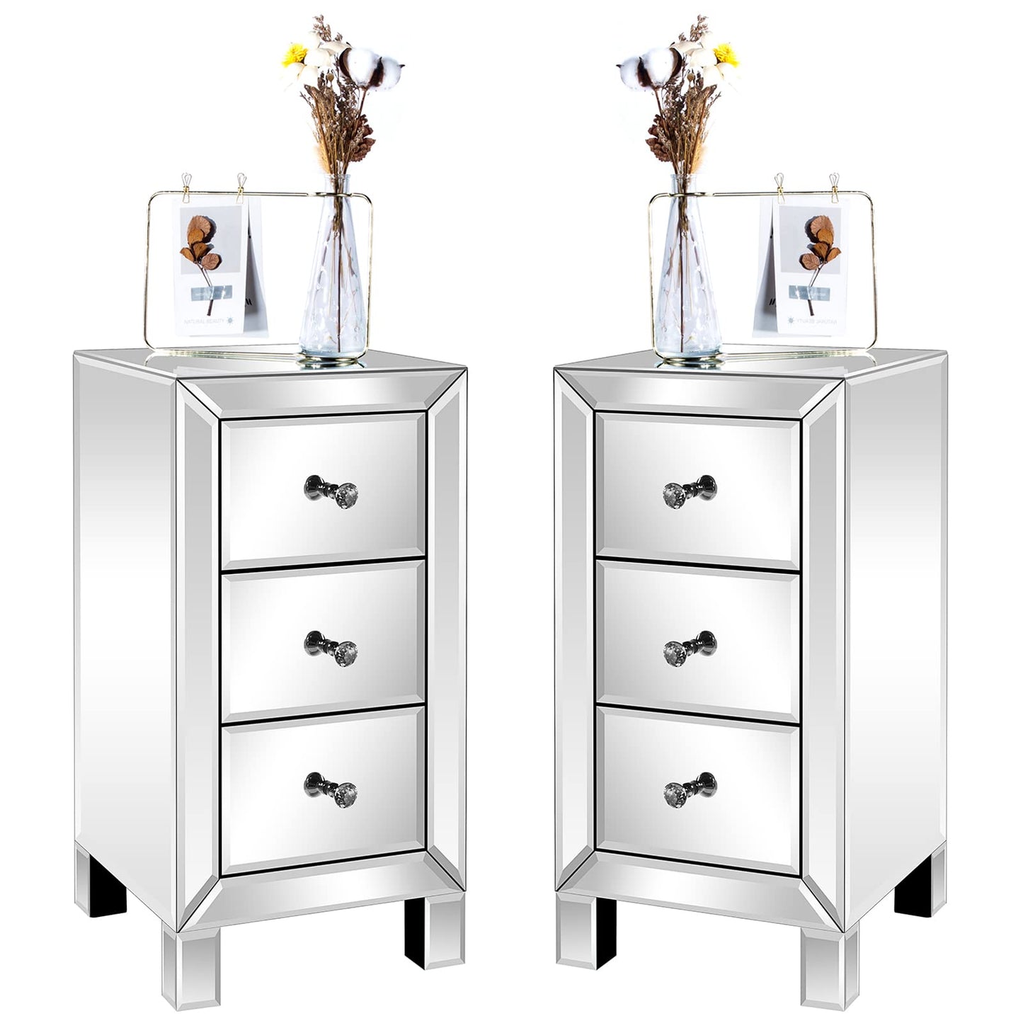 Bonnlo 3-Drawer Mirrored Nightstand Set of 2, End Table, Bedside Table, Glass Nightstand for Bedroom, Living Room, Silver, 11.7" L x 11.8" W x 23.8" H