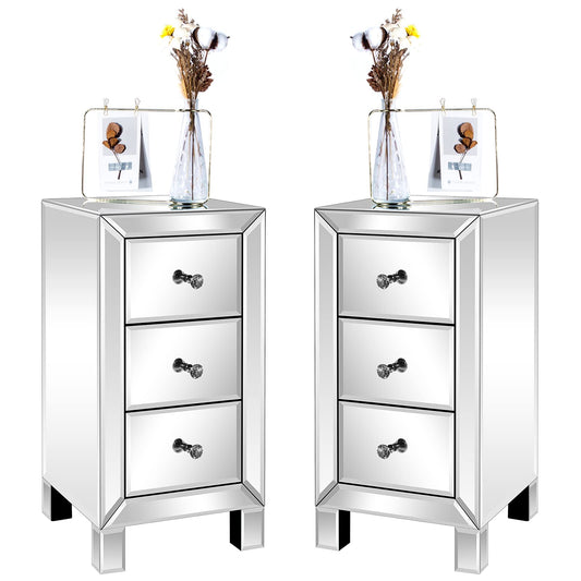 Bonnlo 3-Drawer Mirrored Nightstand Set of 2, End Table, Bedside Table, Glass Nightstand for Bedroom, Living Room, Silver, 11.7" L x 11.8" W x 23.8" H