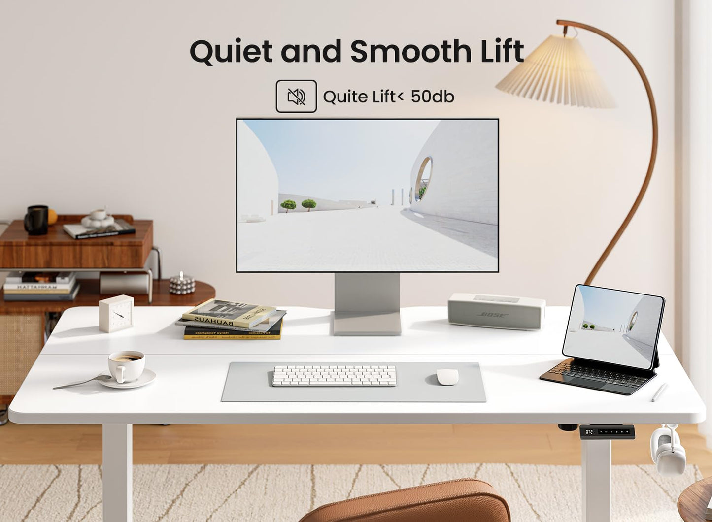 BANTI 63 × 28 Inches Standing Desk, Ergonomic, Electric Height Adjustable, Sit and Stand Up, Computer Desk with a Deeper Desktop, White Frame/Whitetop