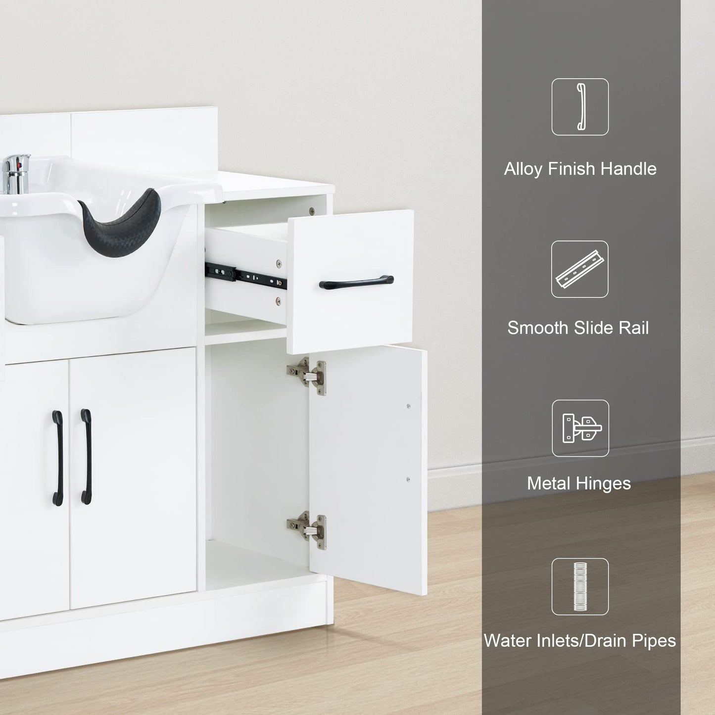 BarberPub Multi-Functional Shampoo Backwash Sink Station with Shampoo Bowl for Hair Stylist, Salon Spa Beauty Cabinet with Faucet Sprayer, Barber Storage Equipment 7139 (White)