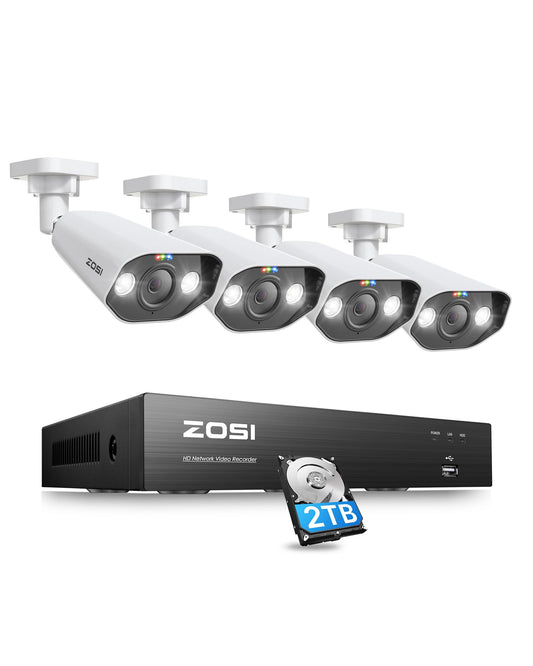 ZOSI 4K PoE Security Camera System,Person Vehicle Detection,8 Port 16CH 8MP NVR with 2TB HDD,4pcs 4K Outdoor Indoor PoE IP Cameras,2 Way Audio,Spotlight Siren,Color Night Vision,for 24/7 Recording
