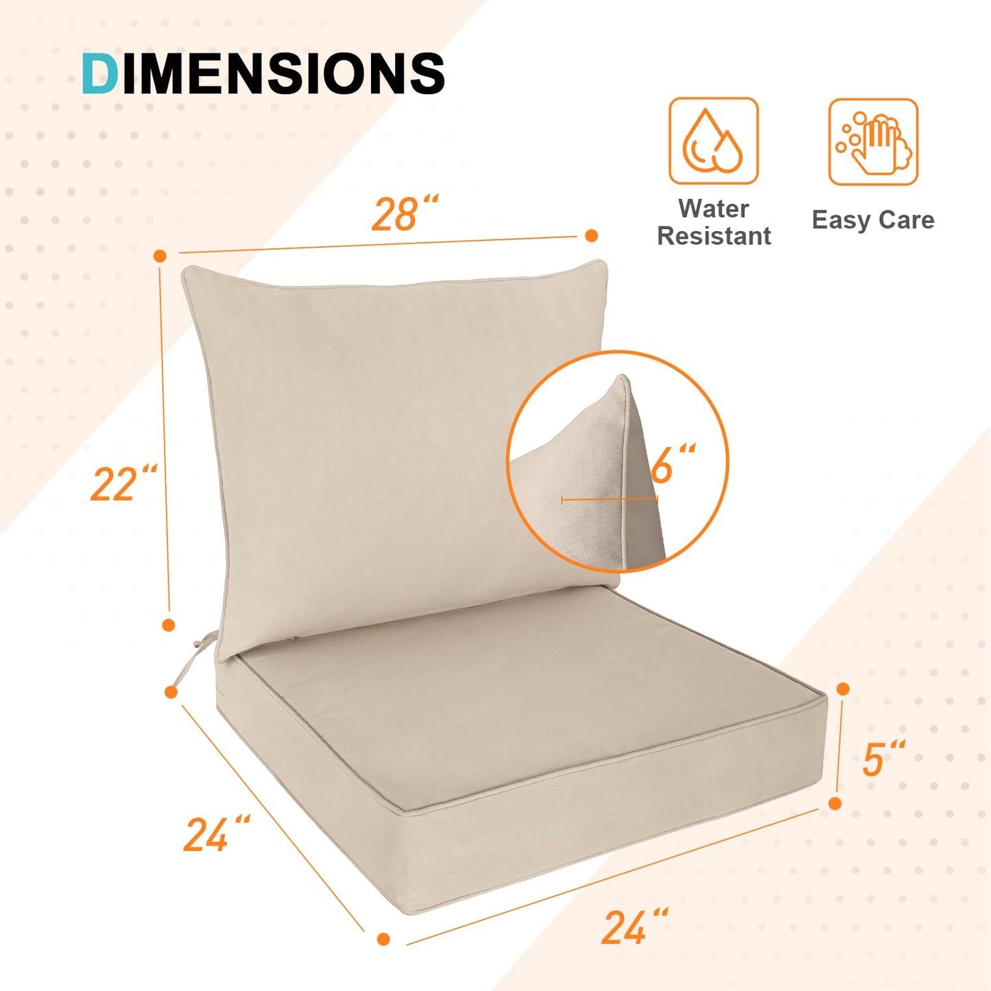 EAGLE PEAK Outdoor Deep Seat Patio Seat Cushion Set, 24 x 24 x 5 inch, 2-Piece Back Chair Cushion, 4 Pack, Beige