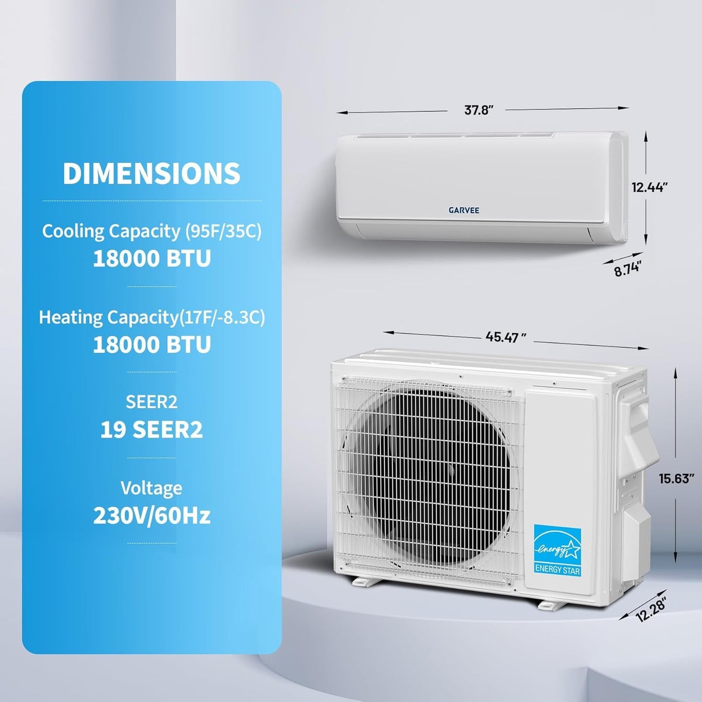 Garvee Mini Split AC & Heat Pump, 18000 BTU 208/230V, 19 SEER2, Remote Control & APP Control, Bulit in 2.0 WiFi, Works with Alexa, Ultra-Quiet, Energy Efficient, Cool and Heat Room Up to 1250Sq.ft