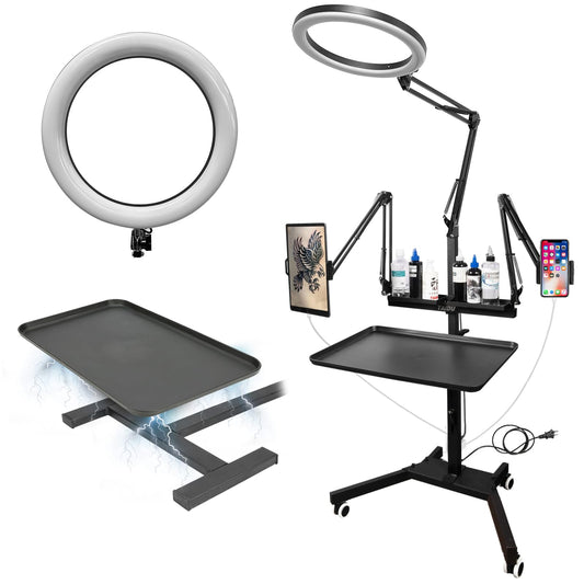 Tattoo Workstation with LED Large Aperture Tattoo Lamp, Magnetic Tray with Wheels, Salon Tray, Mobile Phone/Table Dual Stand Tattoo Cart, Suitable for Salon Tattoo Studio (Black)