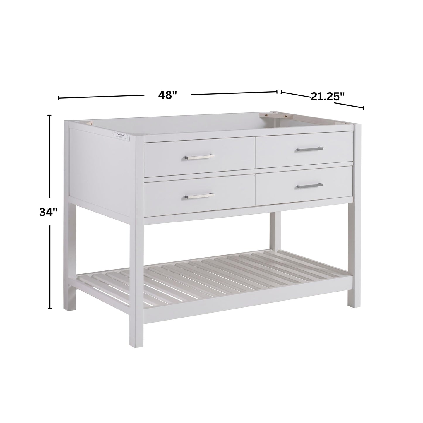 Harrison 48 in. W Vanity Cabinet Only, Bathroom Storage with Two Soft Close Drawers and Slatted Shelf, Nickel Hardware, Adjustable Height Levelers, Solid Pine Wood Construction, White