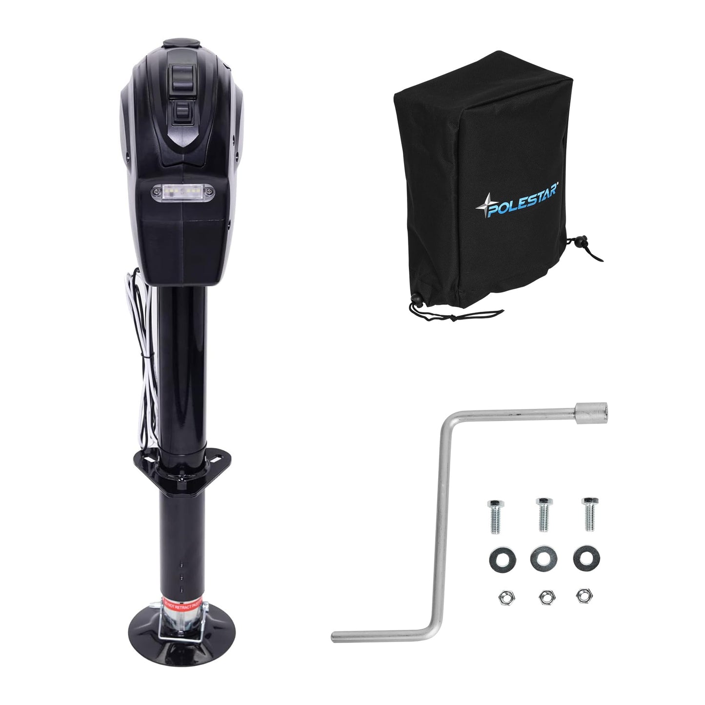 POLESTAR Electric Trailer Jack, 3500lbs Electric Power A- Frame Tongue Jack with Waterproof Protective Cover & LED Light for Travel Trailer Camper, RV, 12V DC with Hard Wiring, 9"-27" Lift
