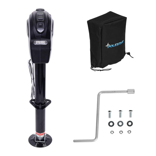POLESTAR Electric Trailer Jack, 3500lbs Electric Power A- Frame Tongue Jack with Waterproof Protective Cover & LED Light for Travel Trailer Camper, RV, 12V DC with Hard Wiring, 9"-27" Lift