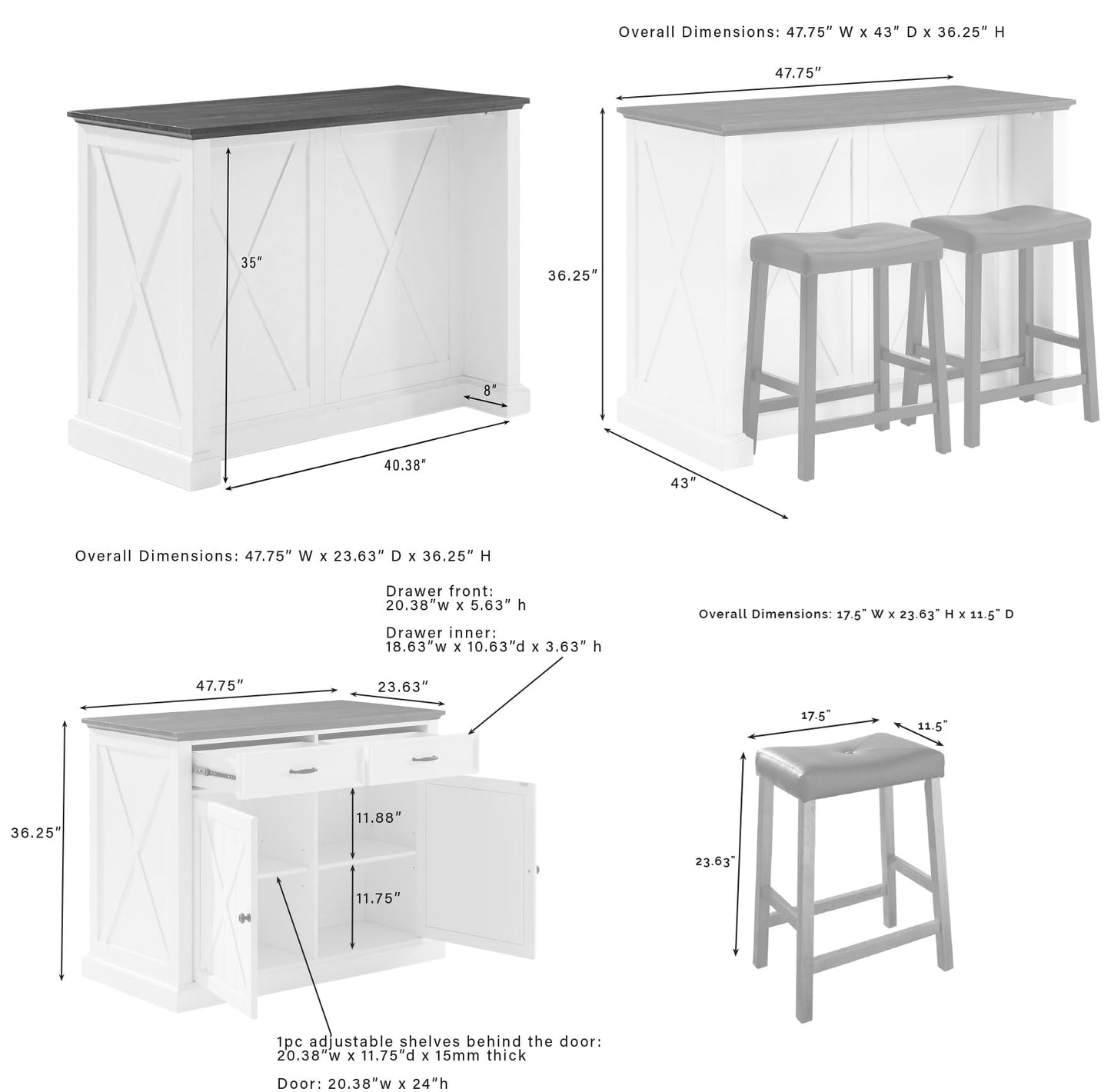 Crosley Furniture Clifton Kitchen Storage Island, Microwave Stand, Coffee Bar and Set of 2 Upholstered Saddle Stools, Distressed White/Black