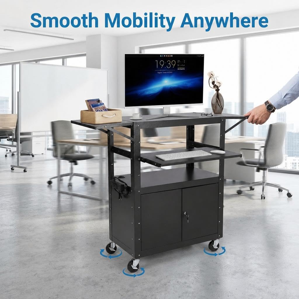 Portable AV Cart with Locking Storage Cabinet, Adjustable Laptop Stand & Drop Leaves, Rolling Workstation with Power Outlets for Classroom, Office, or Home Use
