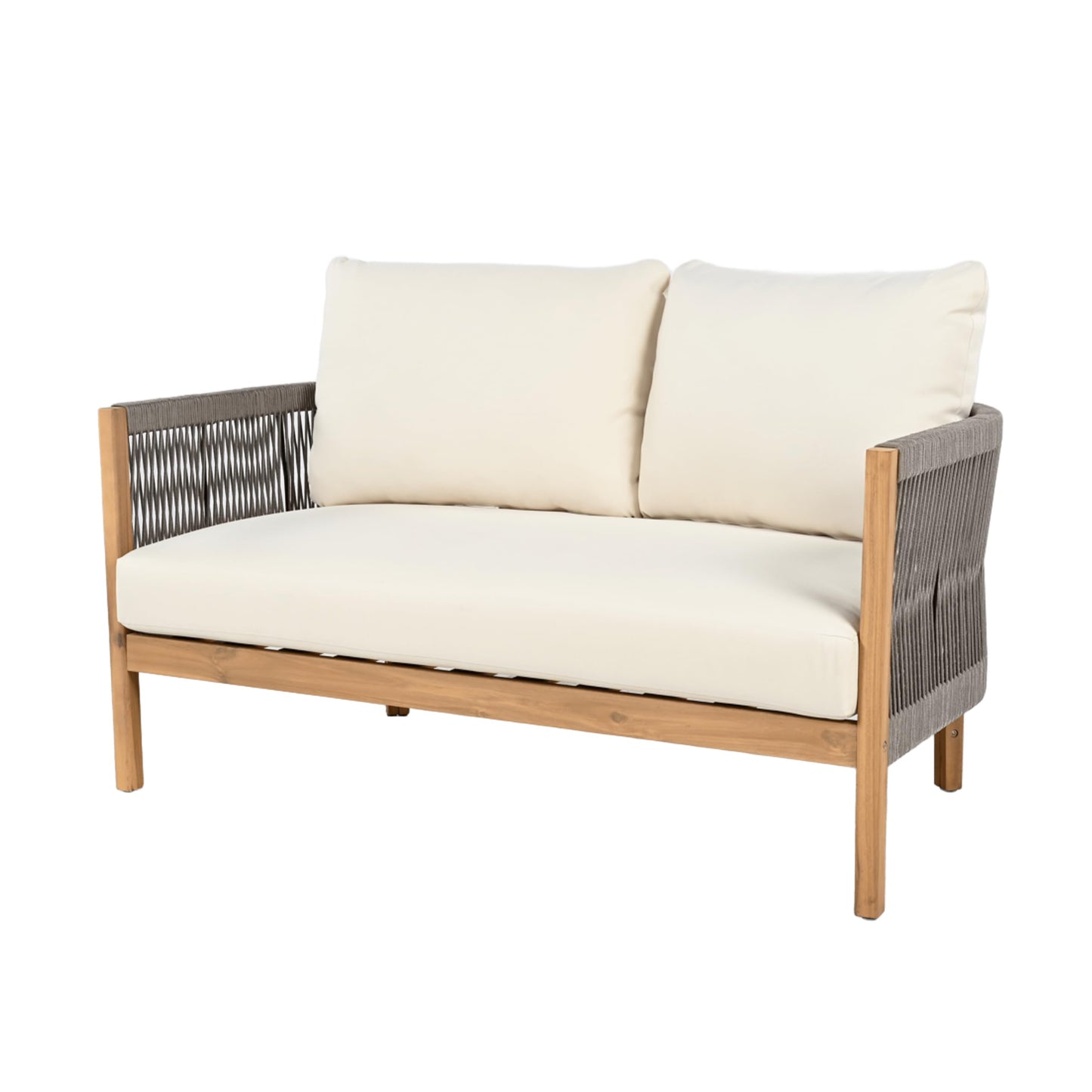 Christopher Knight Home Havets 5 Pieces Outdoor Acacia Furniture Set, Woven Rope Loveseat and Accent Club Chairs, 6" Thick Cushions Sofa and Coffee Table Set for Backyard Garden Balcony, Gray+Beige