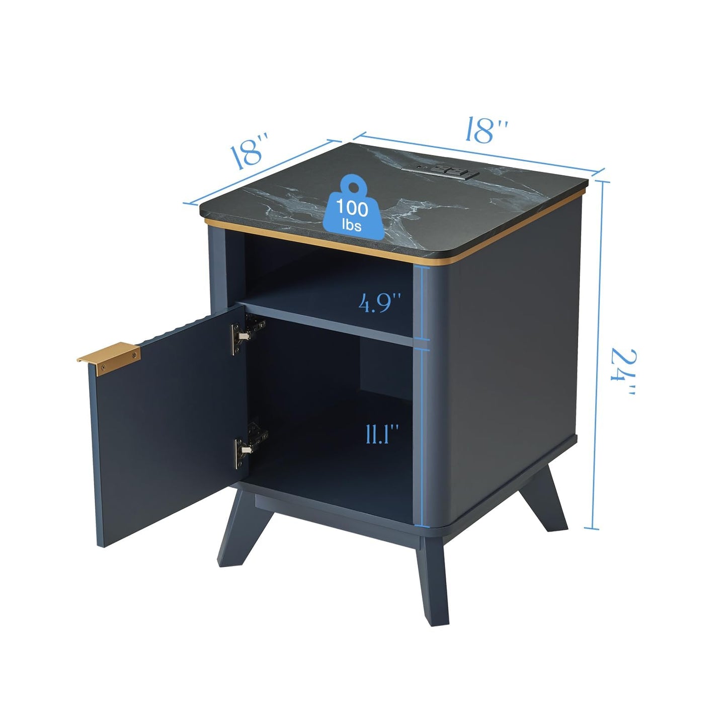 RNLRNL Fluted Nightstand Set of 2 with Charging Station, Bedside Table with Open Storage and Cabinet, 18" Modern Side Table, End Table for Bedroom, Living Room, Navy Blue