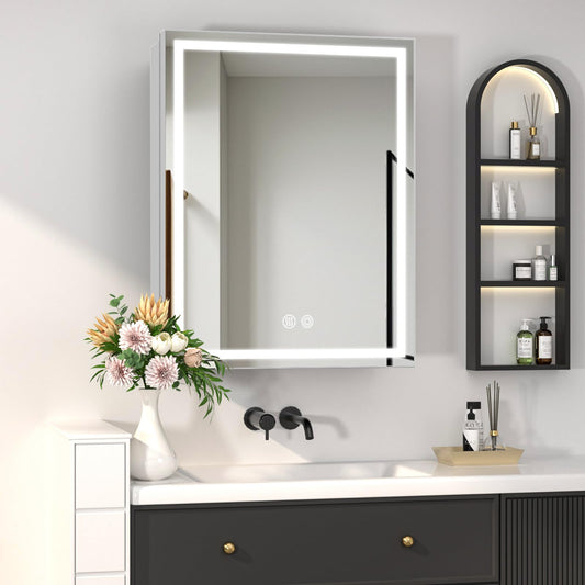 Vevyzxc LED Bathroom Medicine Cabinet Mirror with Lights, 24'' x 32'' Aluminum Frame with Sockets & USBs, Anti-Fog Dimmable Light and Color Adjustment, Sliver