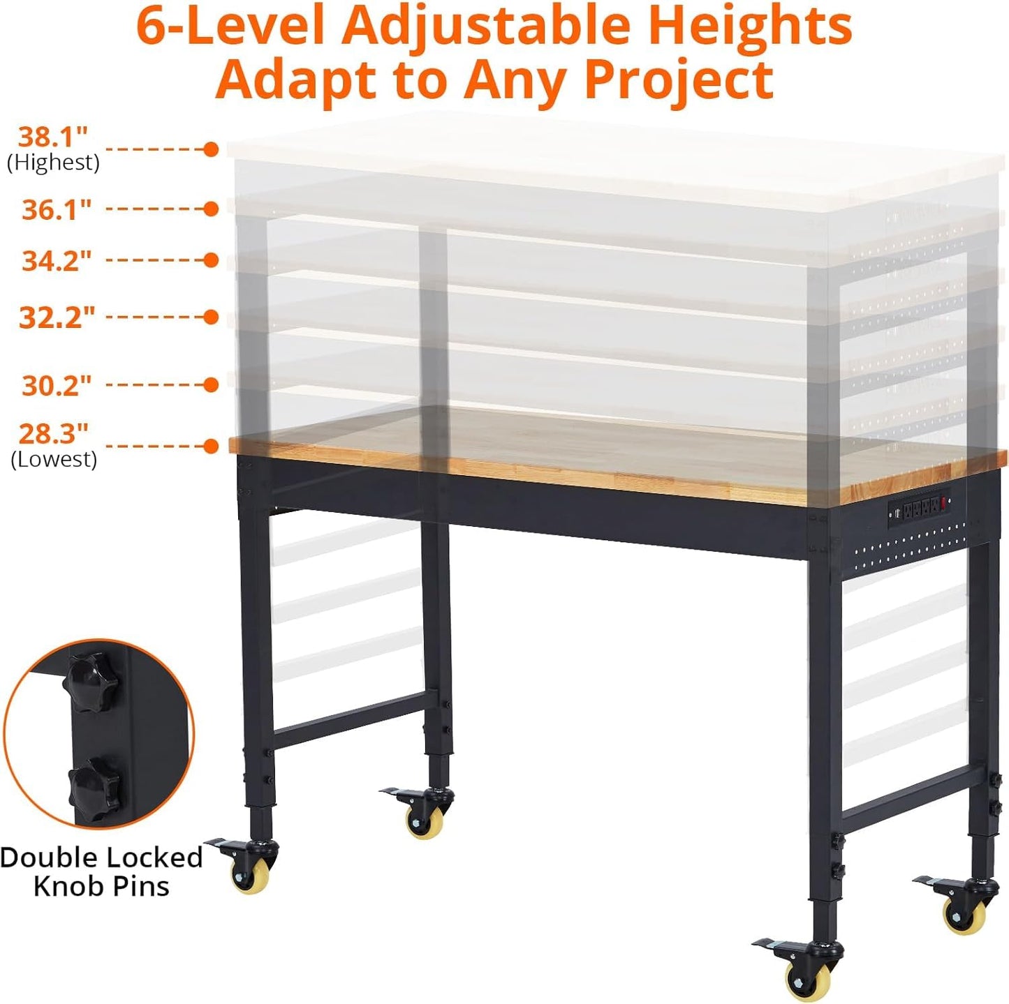 Adjustable Height Garage Workbench 60" X 22" - Heavy Duty 2000 lbs Capacity, Rubber Wood Top, Rolling Workstation with Drawer Storage, Power Outlets & Lockable Wheels - Perfect for Workshop