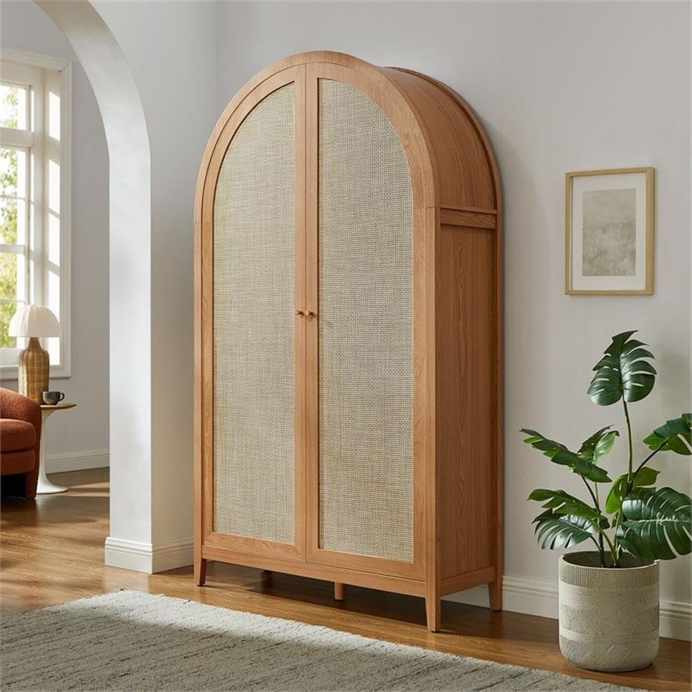 MAKLAINE 79" Tall Wide Arched Storage Cabinet, Synthetic Rattan Doors, Natural Wood Grain Finish, 2 Adjustable Shelves, Soft-Close Hinges, Durable Linen Cabinet for Office, Hallway, or Living Room