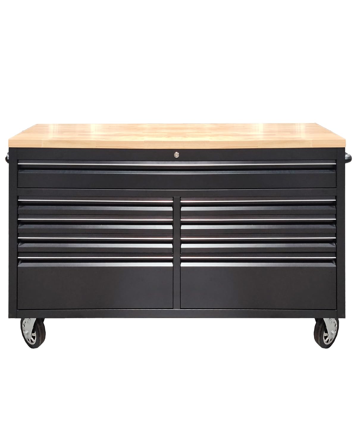 Garveetech 61-Inch Heavy-Duty Rolling Tool Chest with 9 Drawers, Mobile Steel Workbench & Cabinet for Garage, Workshop, Rubber Wood Top, Lock & Liners, Black