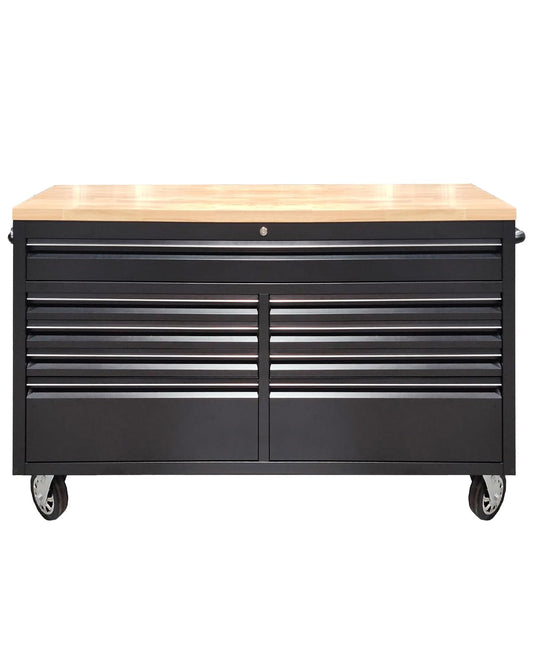 ExploreHorizon 61" Rolling Tool Chest with Rubber Wood Top - 9-Drawer Mobile Workbench, Lockable Metal Storage Cabinet with 4 Heavy-Duty Wheels for Garage Workshops, Black