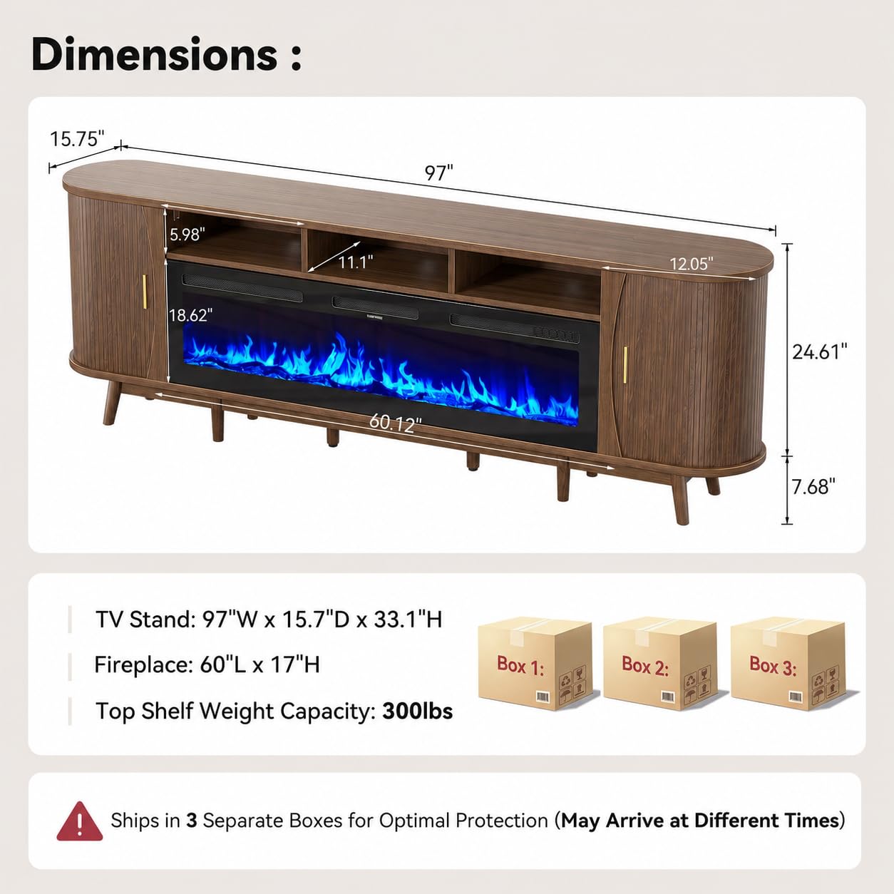 MXV 97" TV Stand with 60" Electric Fireplace, Mid Century Modern Fireplace TV Stand with Sliding Doors & Adjustable Shelves, Large TV Console for Living Room, Walnut
