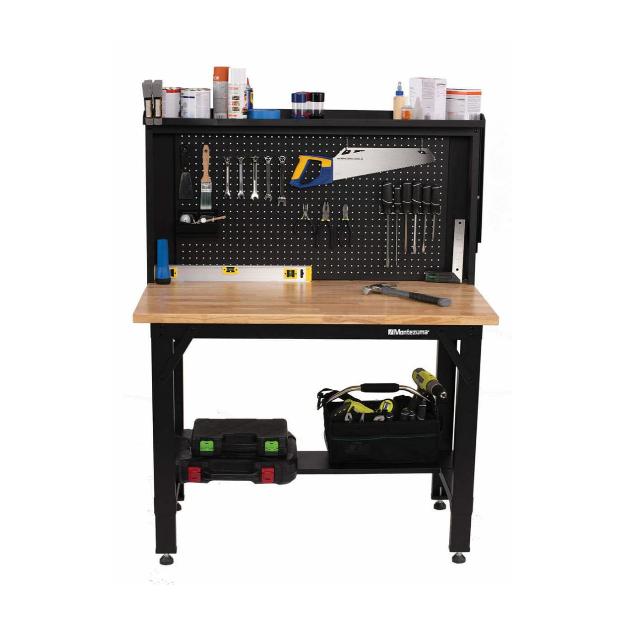 Montezuma 4' Adjustable Steel and Solid Wood Workbench Station with Pegboard and Shelf Storage