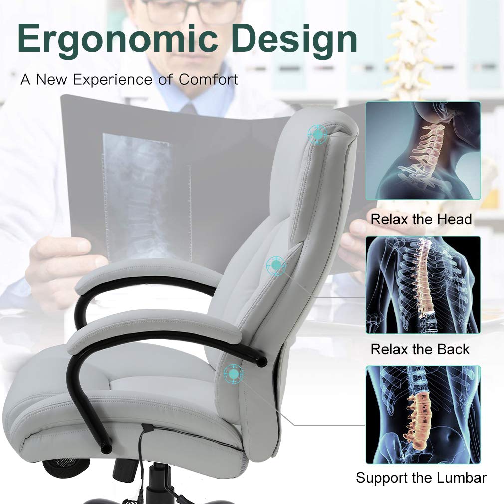 Office Chair Desk Chair Computer Chair with Lumbar Support Headrest Armrest Swivel Rolling PU Leather Task Big and Tall 500lb Wide Seat Massage Ergonomic Chair Adjustable for Adults Women(White)