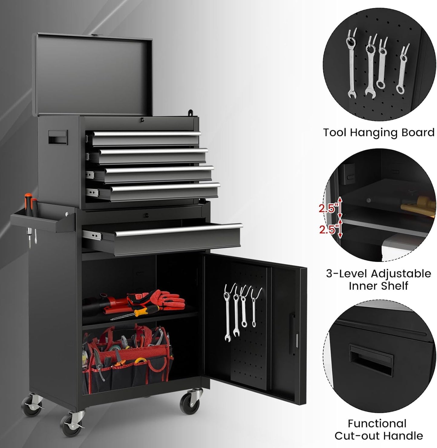 HOMGX 5-Drawer Tool Combination Cabinet, Rolling Toolbox w/Detachable Top & Adjustable Shelf, Lockable Wheels & Sliding Drawers, Large Capacity Tool Storage Cabinet for Garage Workshops (Black)