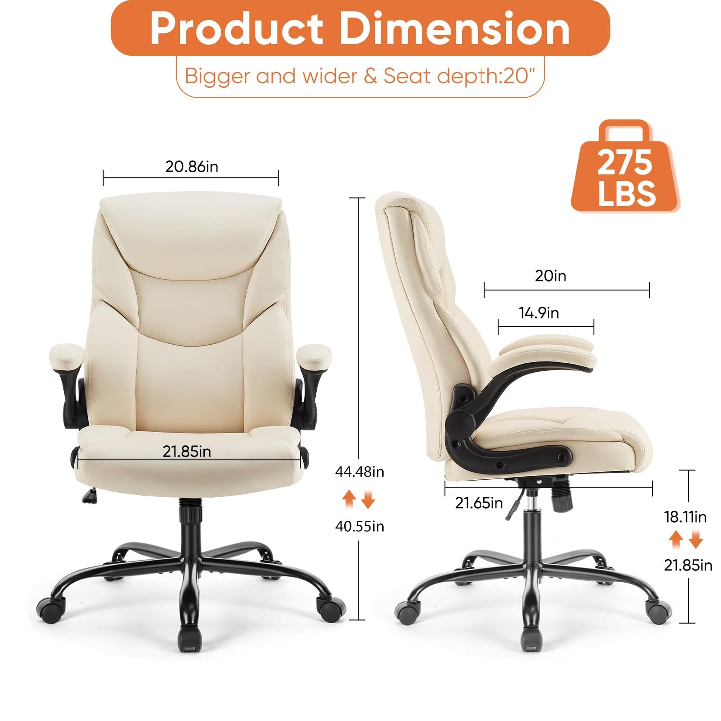 Sweetcrispy Ergonomic Computer Gaming Office Chair Set of 2, Heavy Duty Task Desk Swivel Rolling Chairs with Wheels, Flip-up Arms, Adjustable Height, PU Leather,Cream White