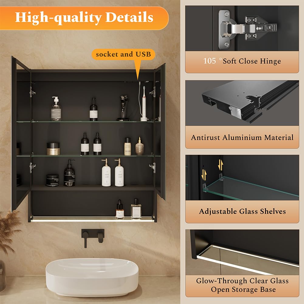 30"×34" Lighted Medicine Mirror Cabinet with Storage Adjustable Brightness 3 Color Temperature Lighting Anti-Fog Sturdy Aluminum Medicine Cabinet with Lights 2 Socket & 2 USB Ports & Adjustable Shelf