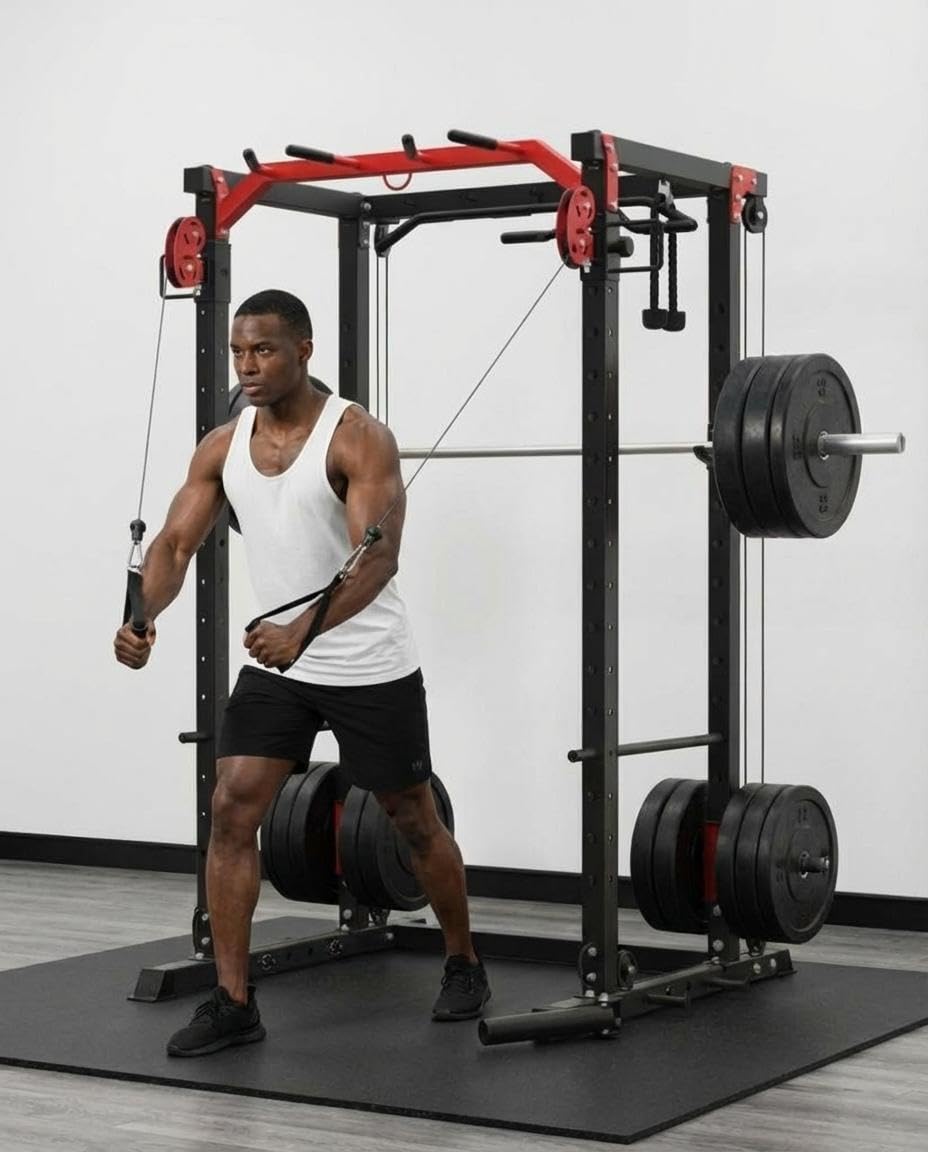 ExploreHorizon Power Cage with LAT Pulldown & Cable Crossover System, 2000LBS Multi-Functional Power Rack, All-in-1 Weight Cage Home Gym with Adjustable Pulley System, Squat Rack for Garage, Home
