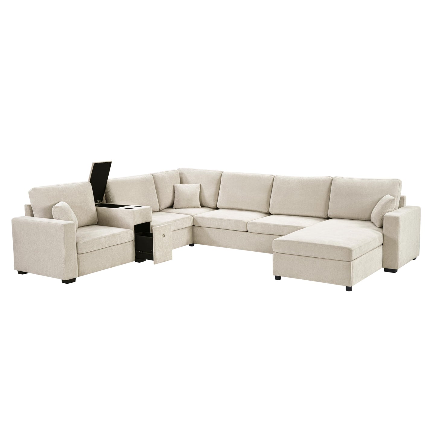 Merax Modern 134" U-Shaped Modular Sectional Sofa Couch with Cup Holders & Storage Drawers, Chenille 5-Seat Large Sectional Family Sofa with Chaise Lounge & Pillows for Living Room, Beige
