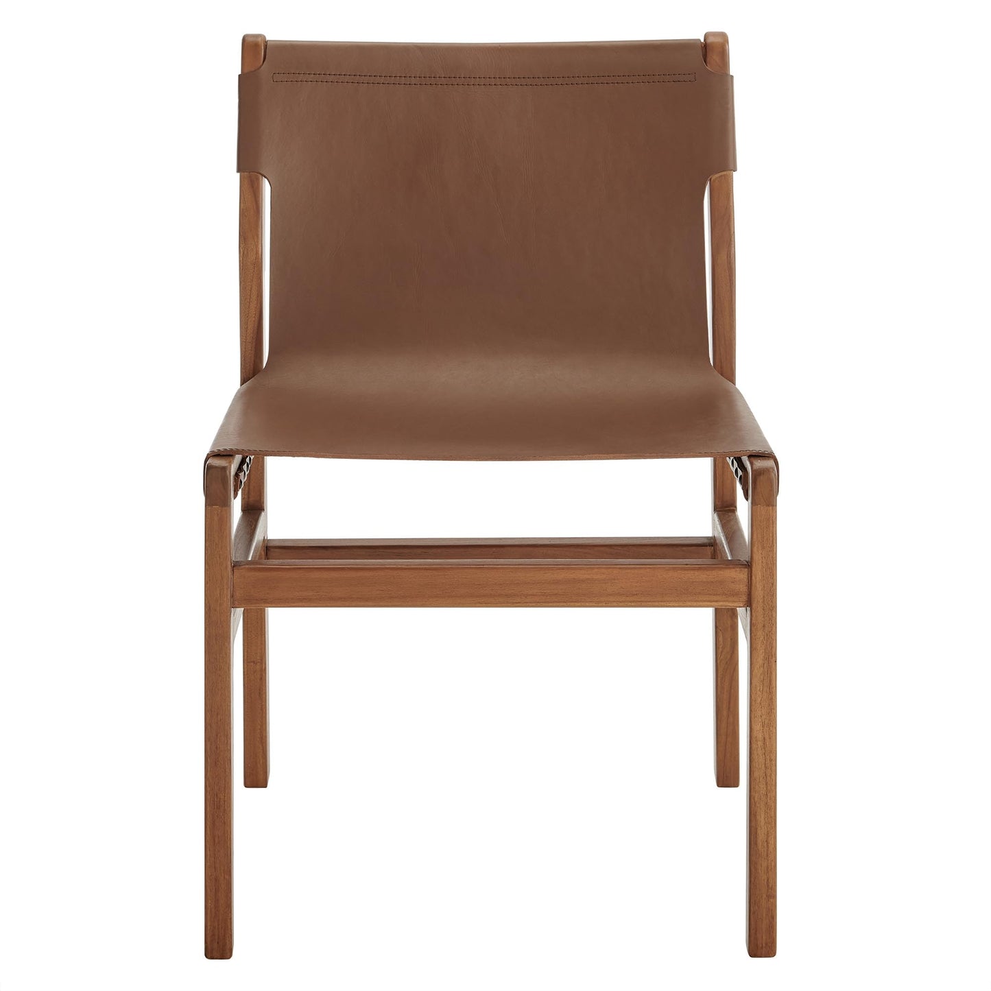 Modway Sonora Leather Dining Side Chair in Nutmeg Brown – Mid Century Modern Armless Accent Chair with Teak Wood Frame for Dining Room, Office, or Entryway