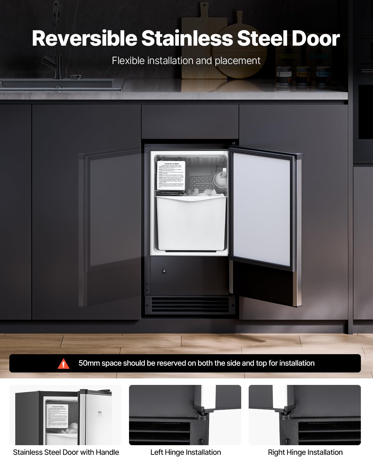 VEVOR Under Counter Ice Maker Machine, Crescent Ice, 25 Lbs/Day Stainless Steel Built in Ice Maker with Reversible Door, 22Lbs Storage Ice Maker Machine for Commercial Home Kitchen, No Drain Required