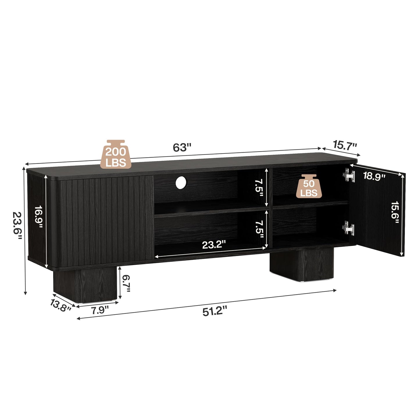 Tribesigns 63" Fluted TV Stand for TVs up to 70", TV Console with Hidden Storage, Adjustable Shelves and Fluted Door, Mid Century Modern Entertainment Center for Living Room, Bedroom, Black