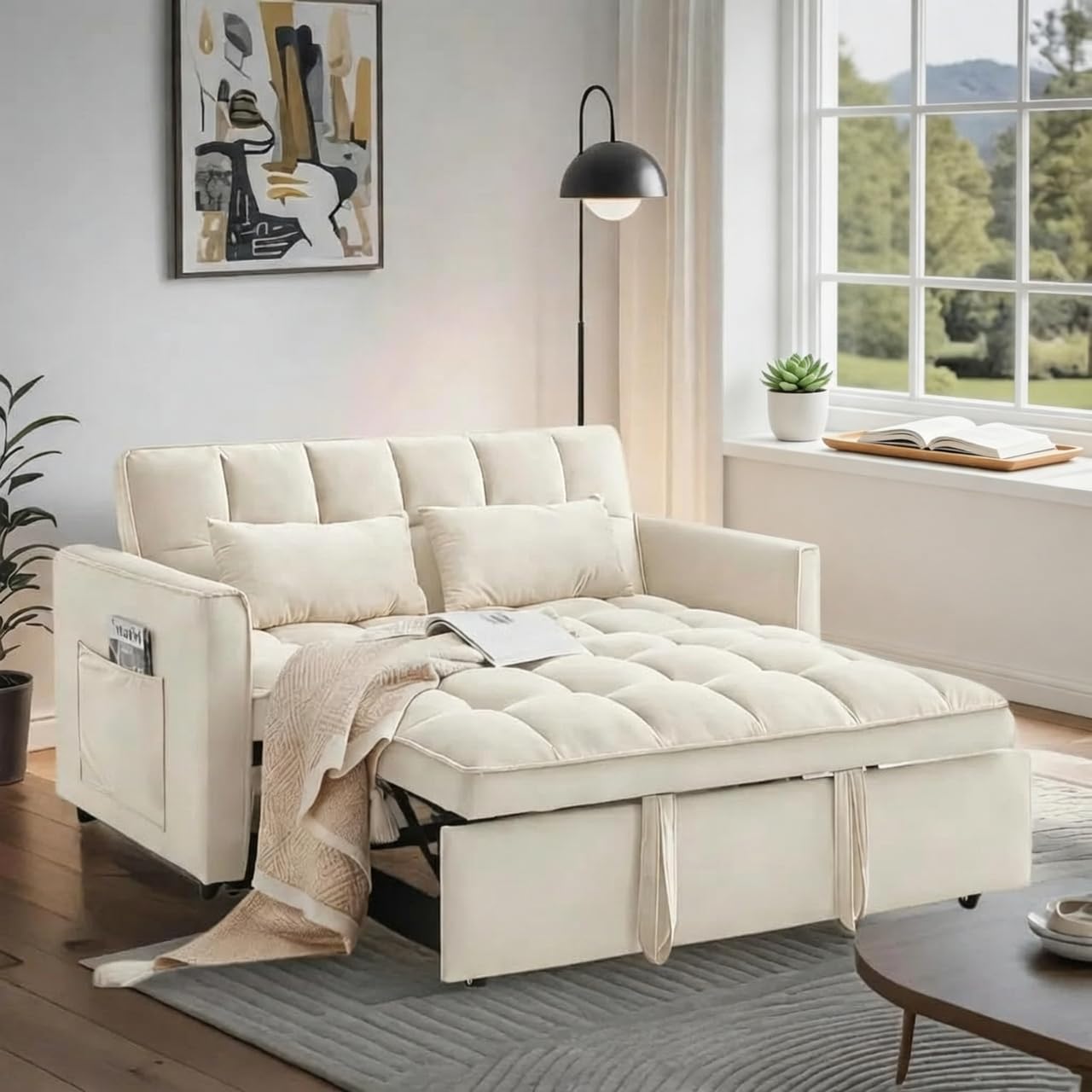 Trygoal 3 in 1 Convertible Sofa Bed, Loveseat Sleeper Sofa with Large Side Pockets, Pull Out Couch with Adjustable Backrest, Easy Assembly, Velvet Couch Bed for Small Spaces, Apartment, White