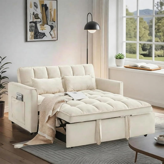 Trygoal 3 in 1 Convertible Sofa Bed, Loveseat Sleeper Sofa with Large Side Pockets, Pull Out Couch with Adjustable Backrest, Easy Assembly, Velvet Couch Bed for Small Spaces, Apartment, White